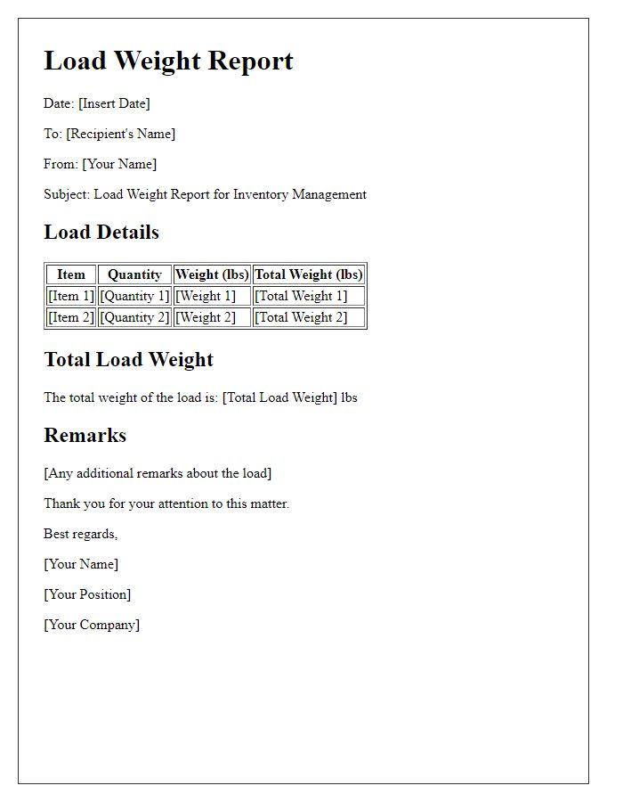 Letter template of load weight report for inventory management.