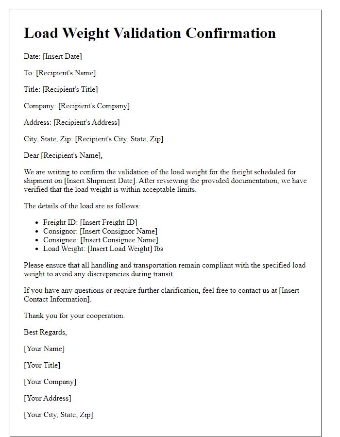 Letter template of load weight validation for freight confirmation.