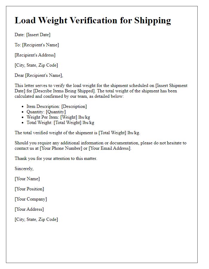 Letter template of load weight verification for shipping purposes.