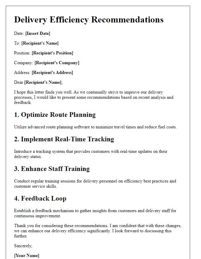 Letter template of delivery efficiency recommendations