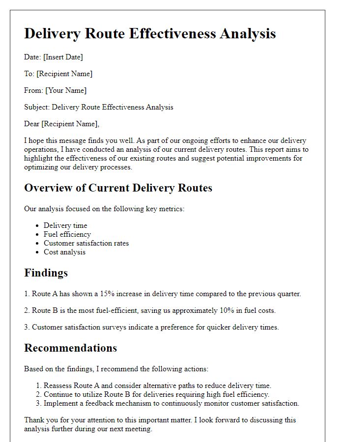 Letter template of delivery route effectiveness analysis