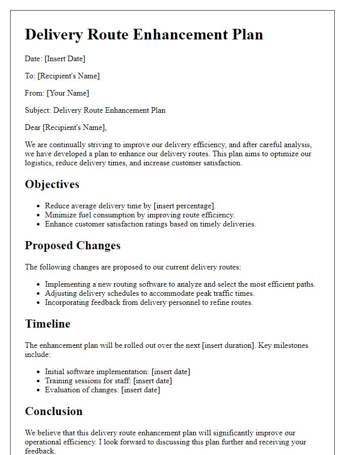 Letter template of delivery route enhancement plan