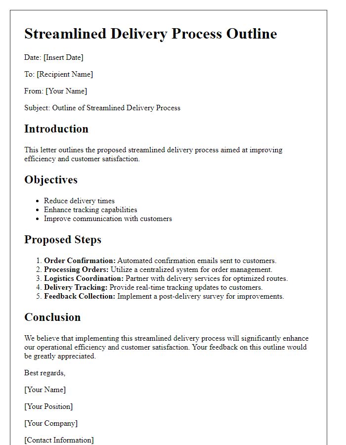 Letter template of streamlined delivery process outline