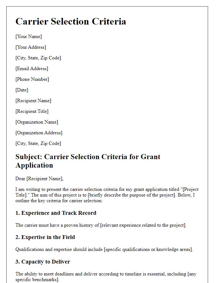 Letter template of carrier selection criteria for grant application.