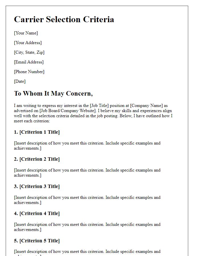 Letter template of carrier selection criteria for job application.