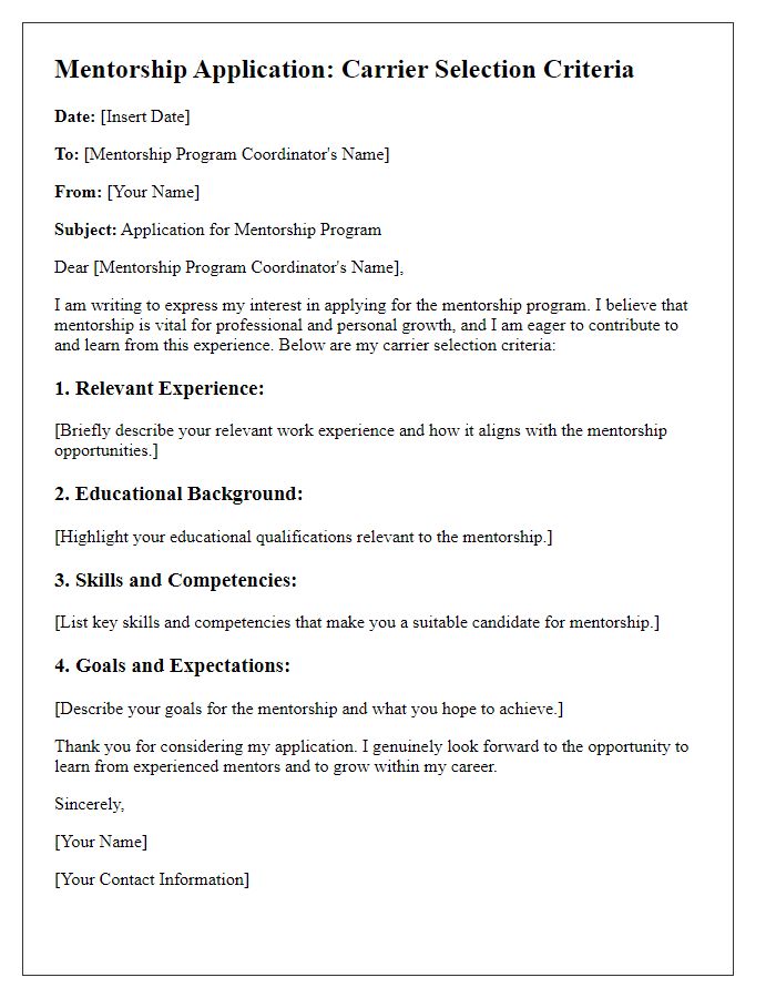 Letter template of carrier selection criteria for mentorship application.