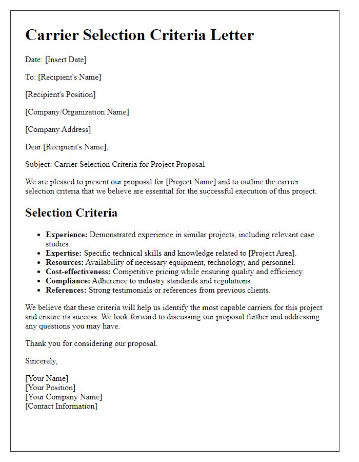 Letter template of carrier selection criteria for project proposal.