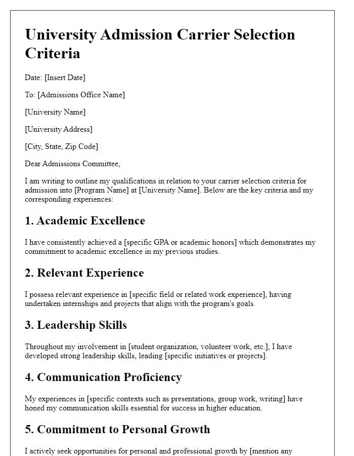 Letter template of carrier selection criteria for university admission.