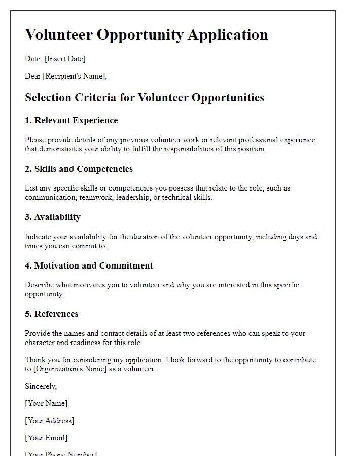 Letter template of carrier selection criteria for volunteer opportunities.