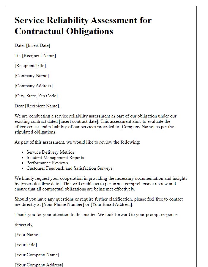 Letter template of service reliability assessment for contractual obligations.