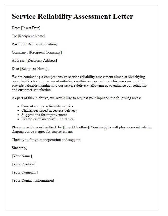 Letter template of service reliability assessment for improvement initiatives.