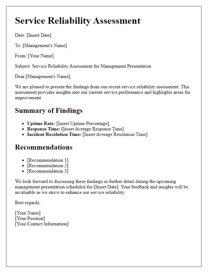 Letter template of service reliability assessment for management presentation.