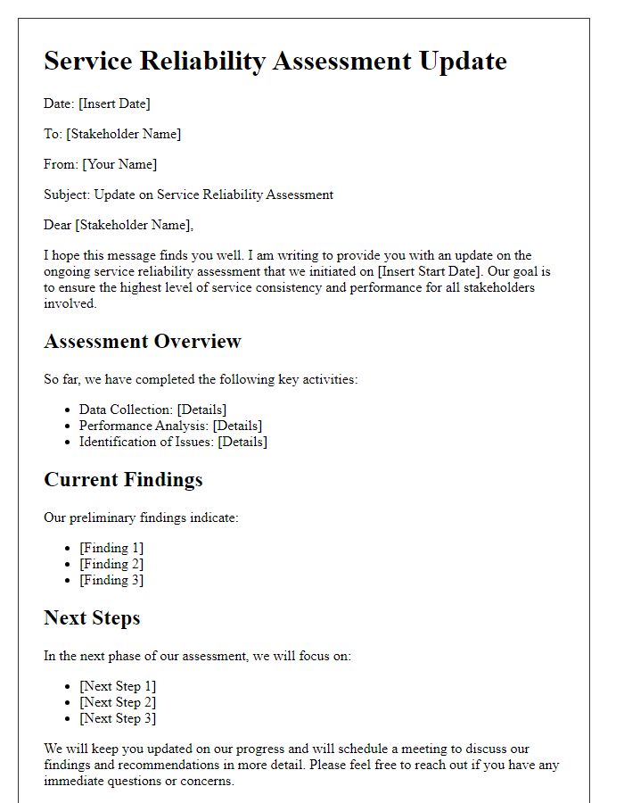 Letter template of service reliability assessment for stakeholder updates.