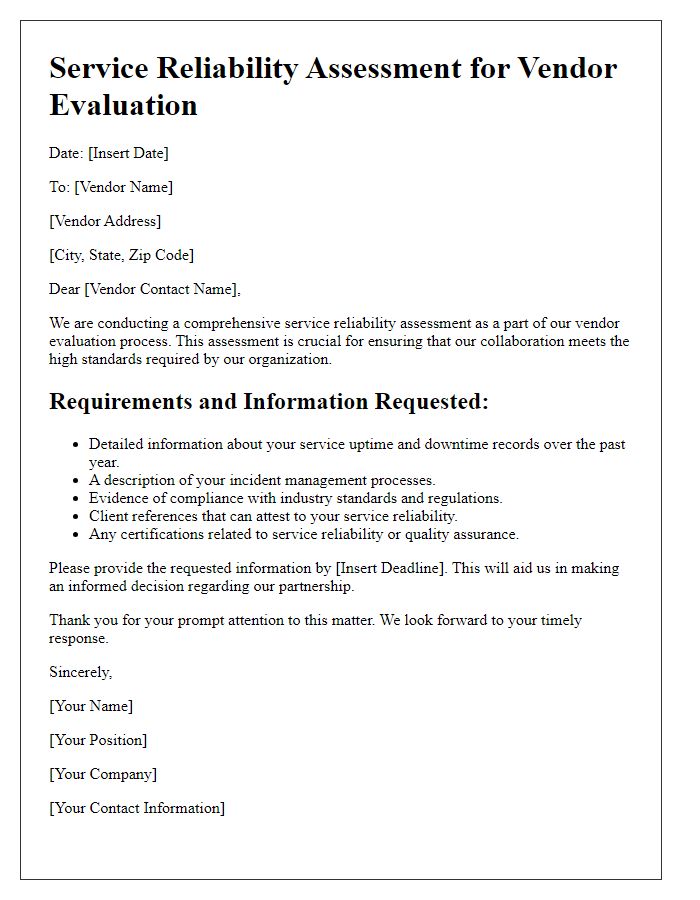 Letter template of service reliability assessment for vendor evaluation.