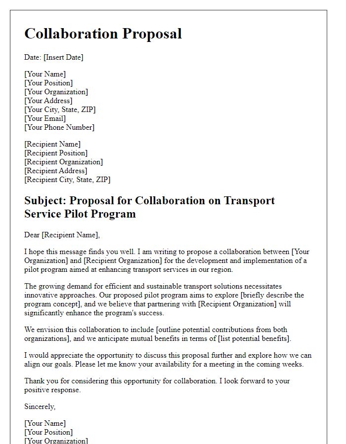 Letter template of collaboration proposal for transport service pilot program.