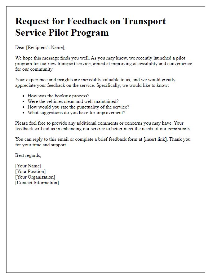 Letter template of feedback request for transport service pilot program.