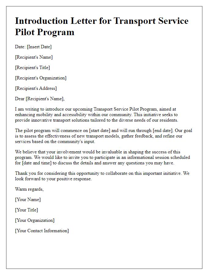 Letter template of introduction for transport service pilot program.