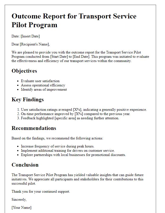 Letter template of outcome report for transport service pilot program.