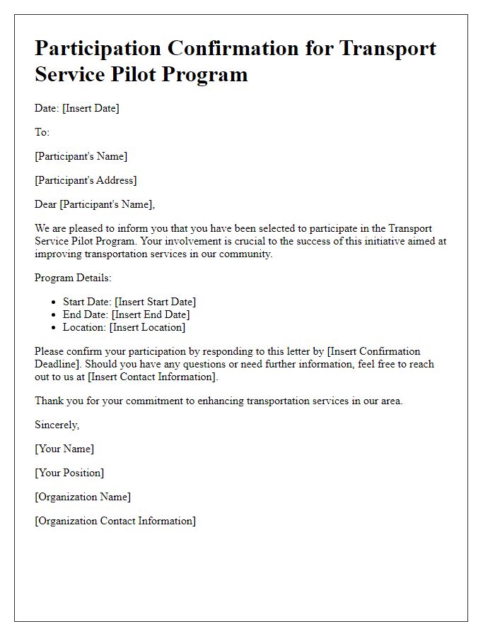 Letter template of participation confirmation for transport service pilot program.