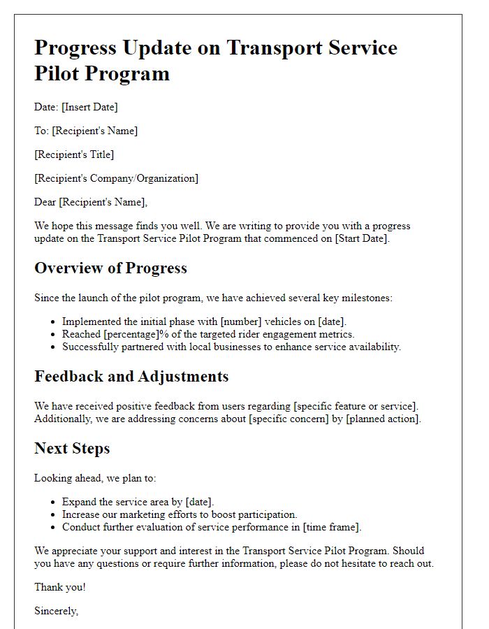 Letter template of progress update for transport service pilot program.