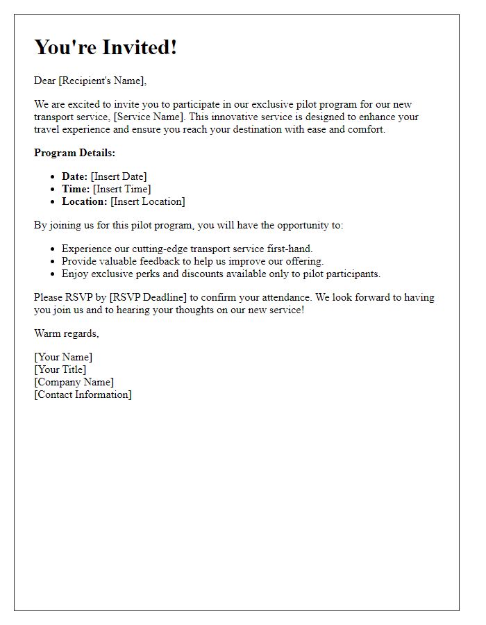 Letter template of promotional invitation for transport service pilot program.