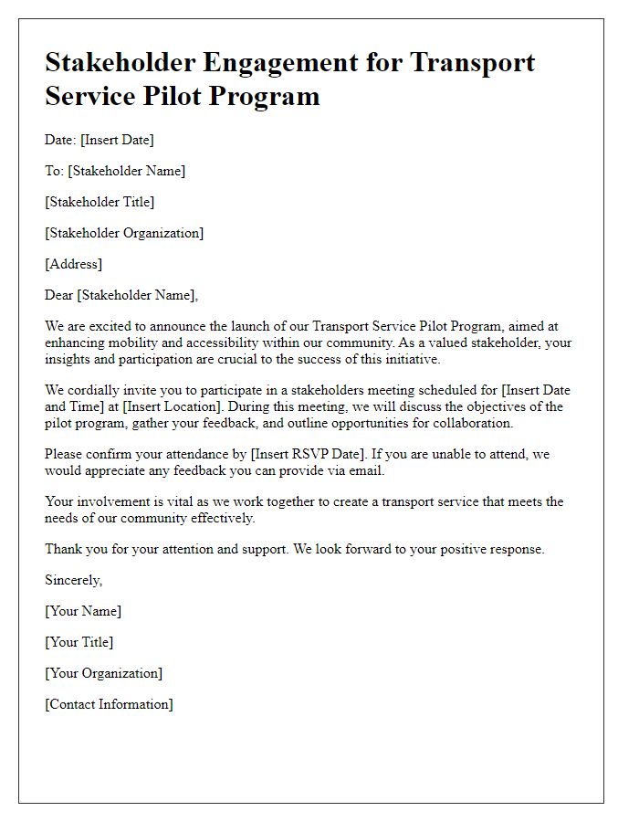 Letter template of stakeholder engagement for transport service pilot program.