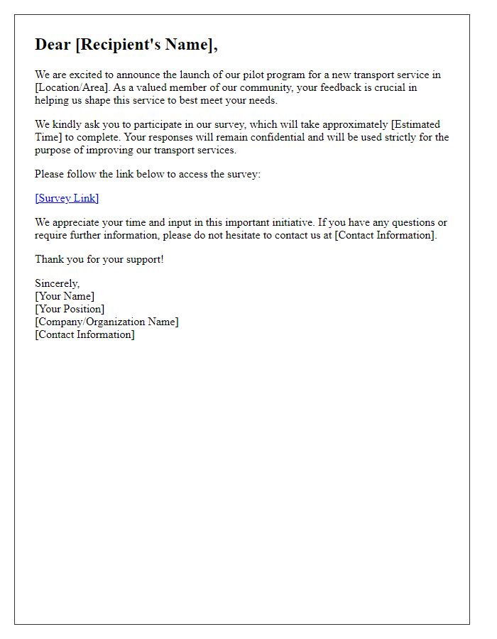 Letter template of survey distribution for transport service pilot program.