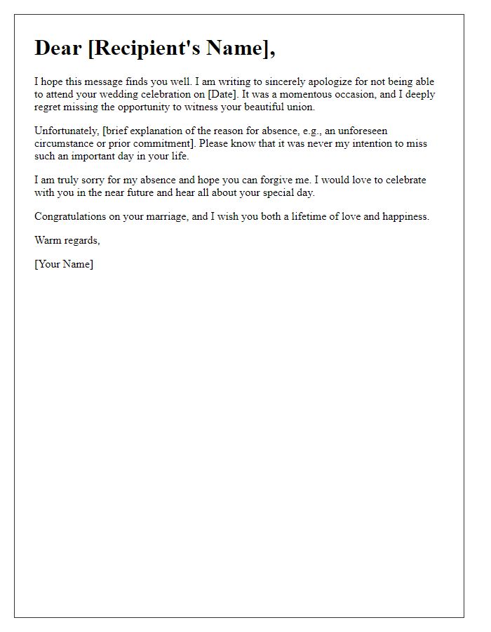 Letter template of sincere apology for missing a wedding celebration.