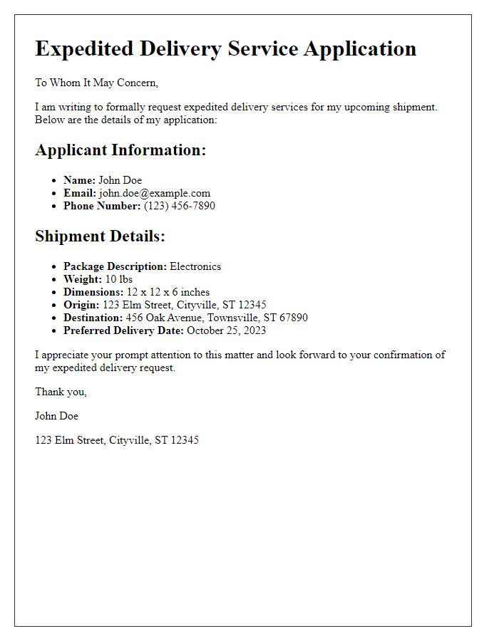 Letter template of expedited delivery service application