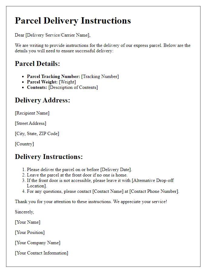 Letter template of express parcel delivery instructions