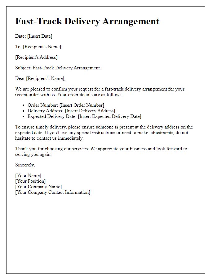 Letter template of fast-track delivery arrangement