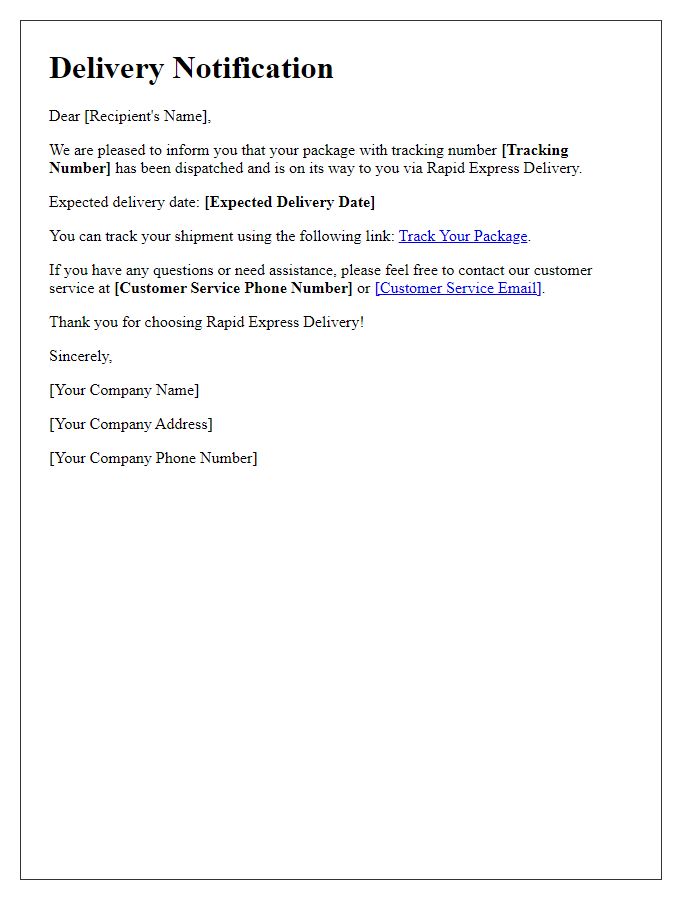 Letter template of rapid express delivery notification