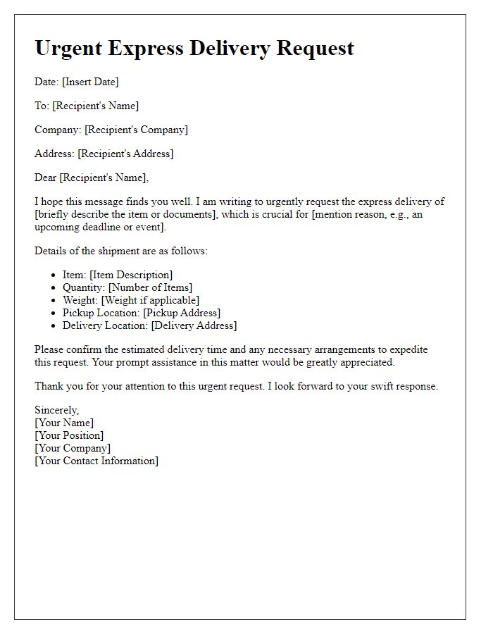 Letter template of urgent express delivery request