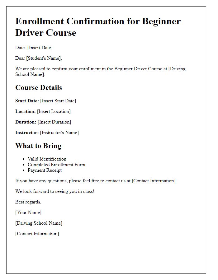 Letter template of Beginner Driver Course Enrollment