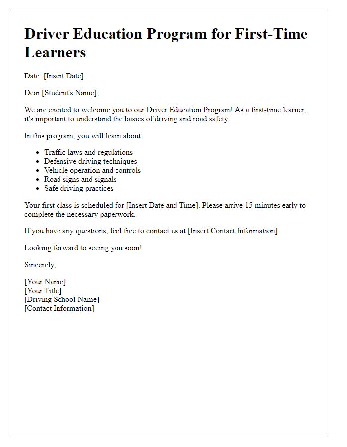 Letter template of Driver Education for First-Time Learners