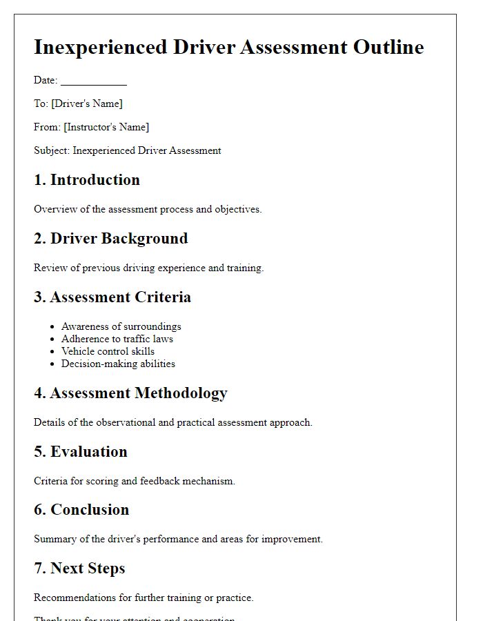 Letter template of Inexperienced Driver Assessment Outline