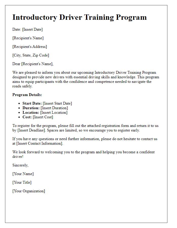 Letter template of Introductory Driver Training Program