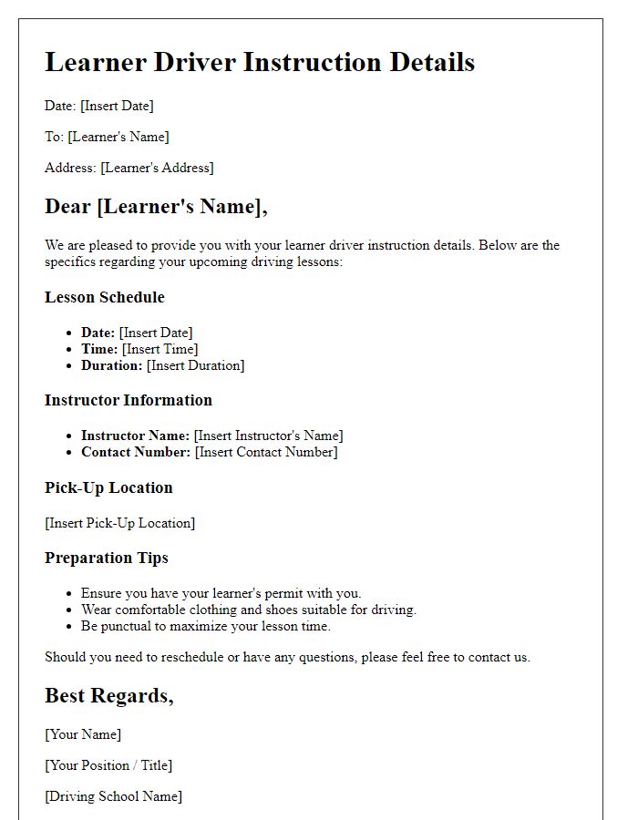 Letter template of Learner Driver Instruction Details