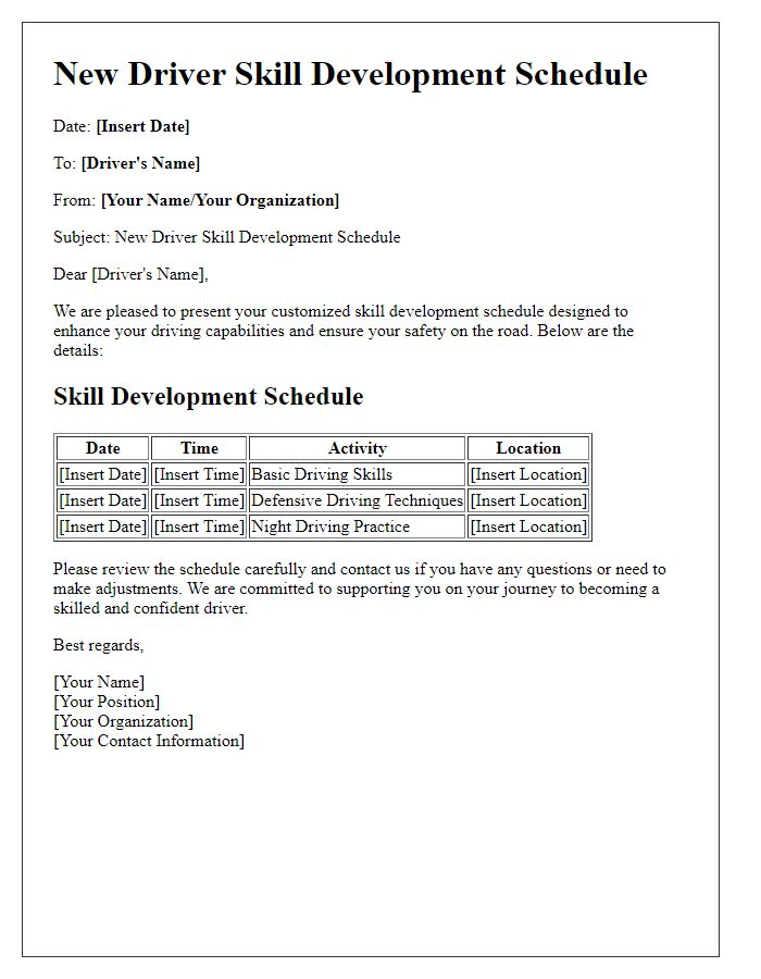 Letter template of New Driver Skill Development Schedule