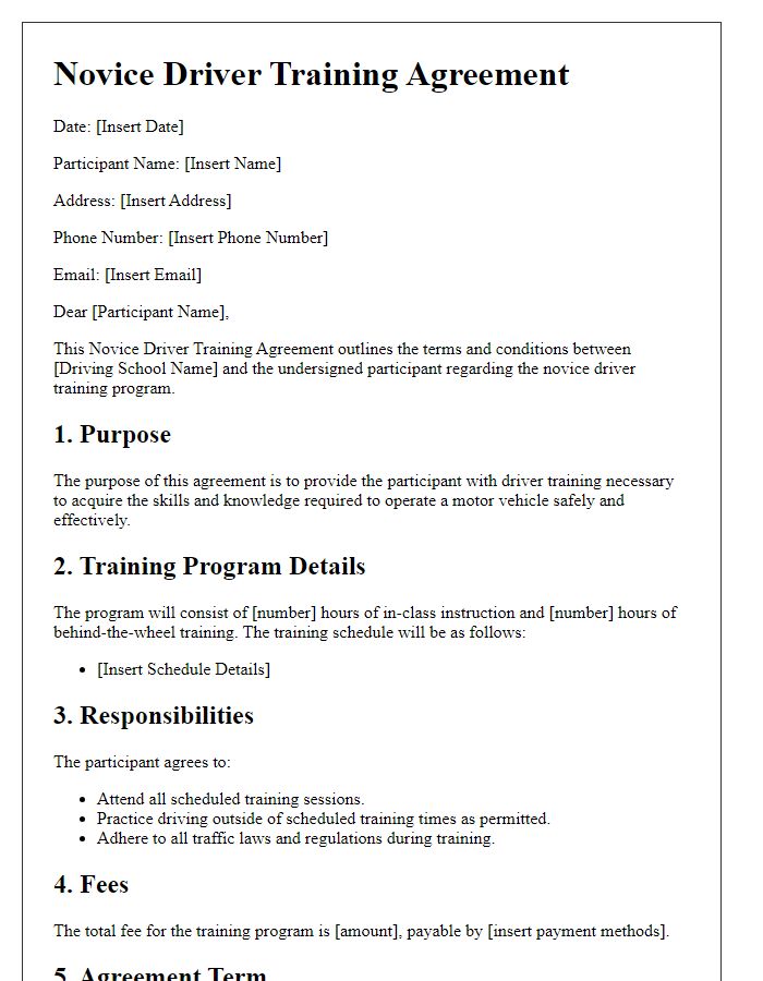 Letter template of Novice Driver Training Agreement