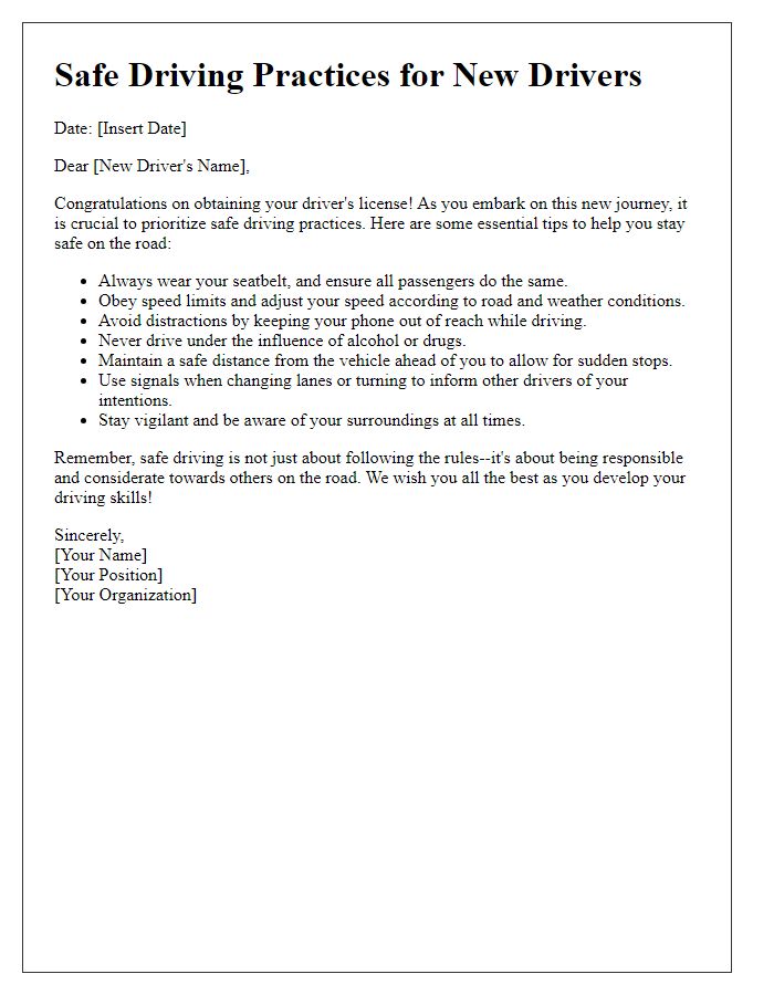 Letter template of Safe Driving Practices for New Drivers