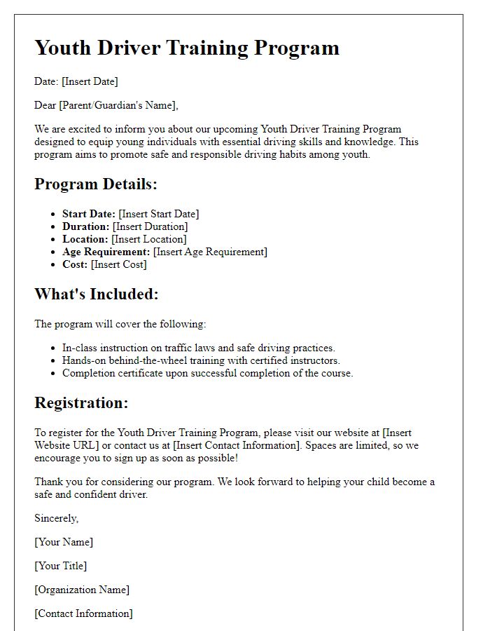 Letter template of Youth Driver Training Information