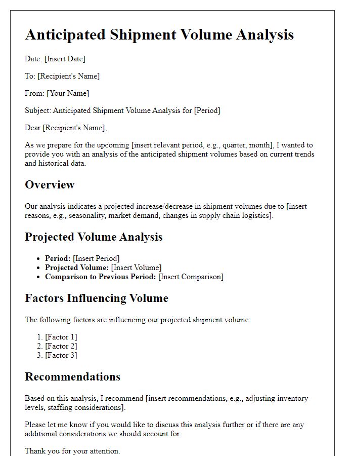 Letter template of anticipated shipment volume analysis