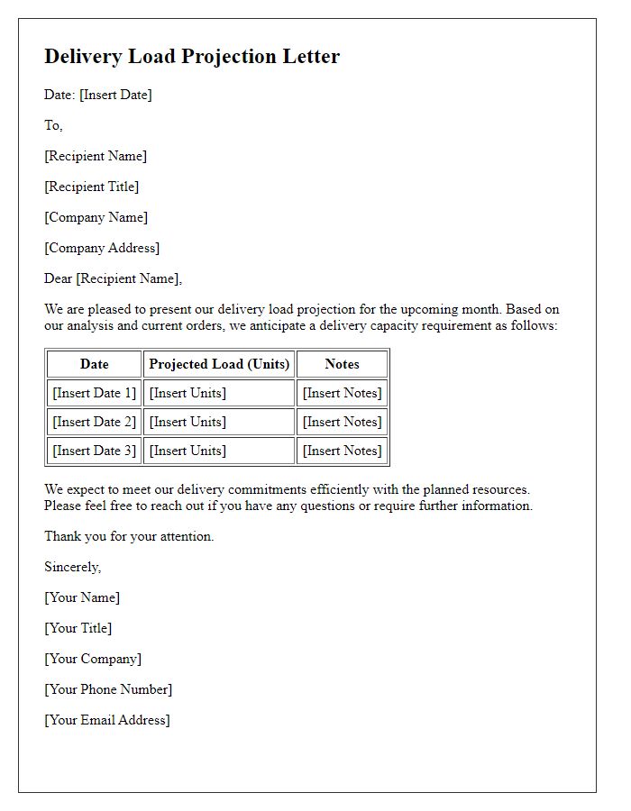 Letter template of delivery load projection