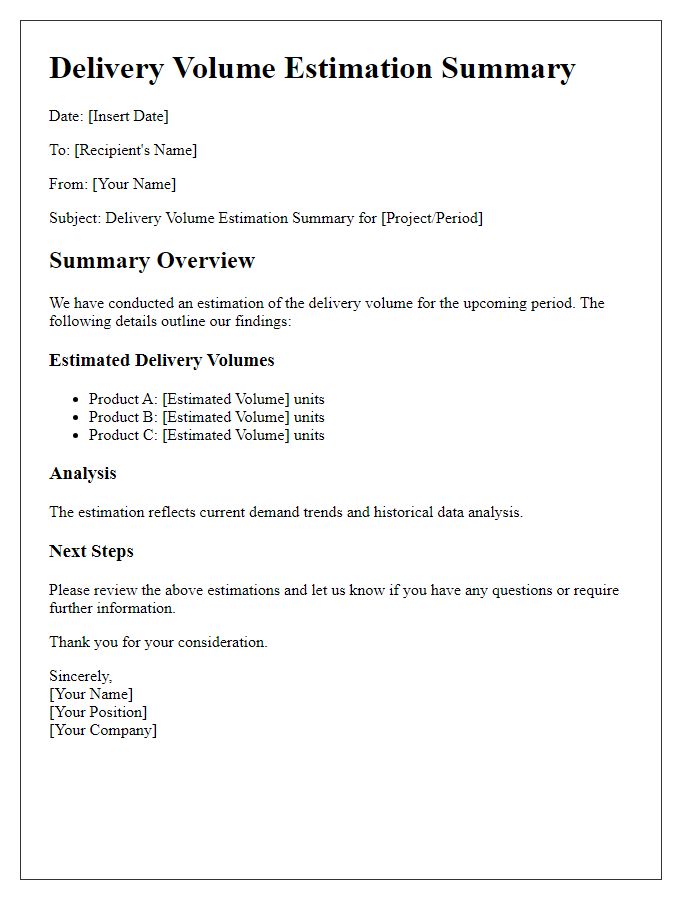 Letter template of delivery volume estimation summary