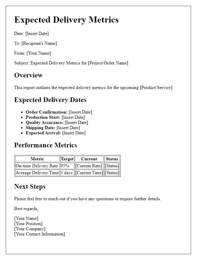 Letter template of expected delivery metrics