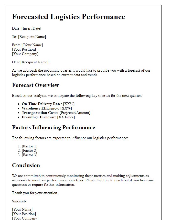 Letter template of forecasted logistics performance