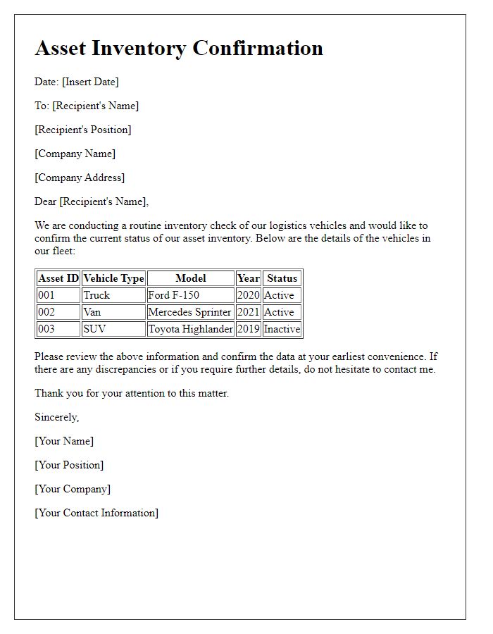 Letter template of asset inventory for logistics vehicles