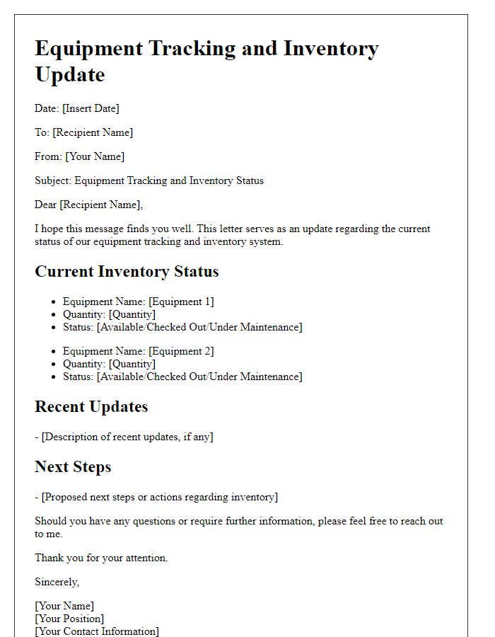 Letter template of equipment tracking and inventory