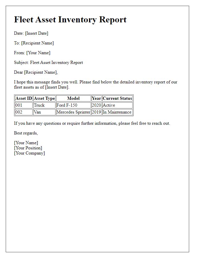 Letter template of fleet asset inventory reporting